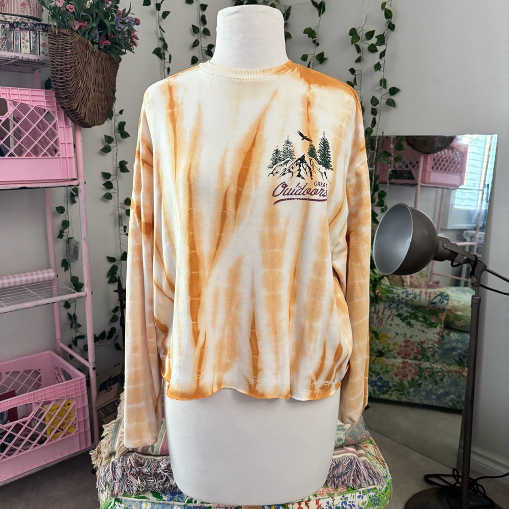 Urban Nation Joshua Tree Tie Dye Long Sleeve Shirt Orange Bleach Dye Tee Size S